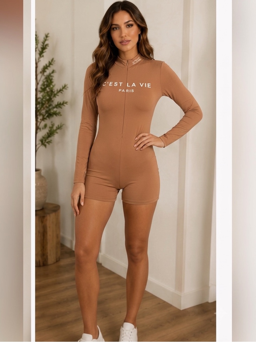 New in Bag~Never Used Tan/white C'est La Vie Paris leotard shorts jumpsuit SZ S